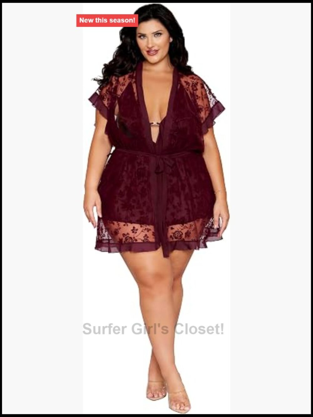 Flounce Chemise Robe Set Floral Flocked Mesh Chiffon Plus Size Lingerie